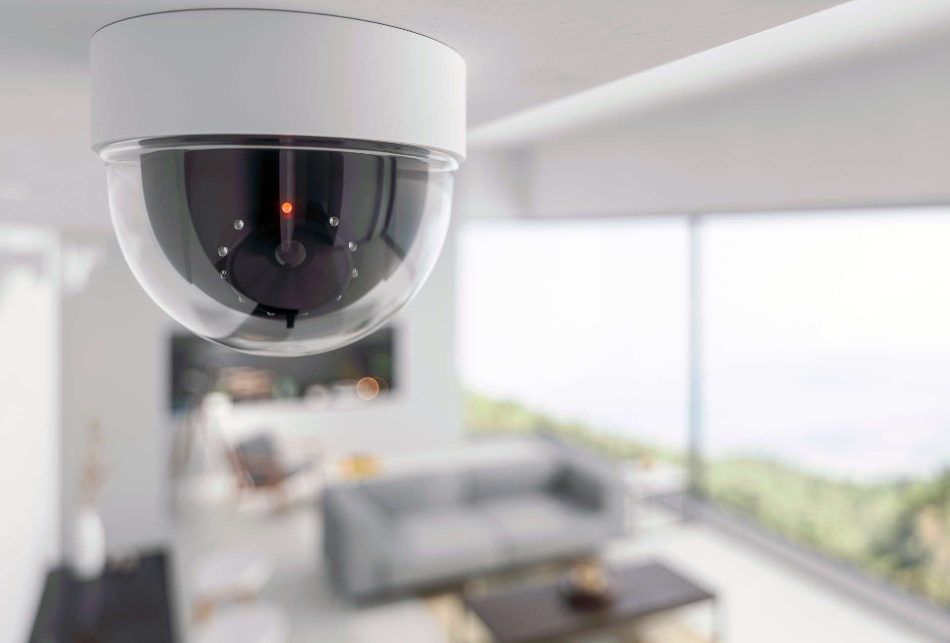 A security camera is hanging from the ceiling in a living room.