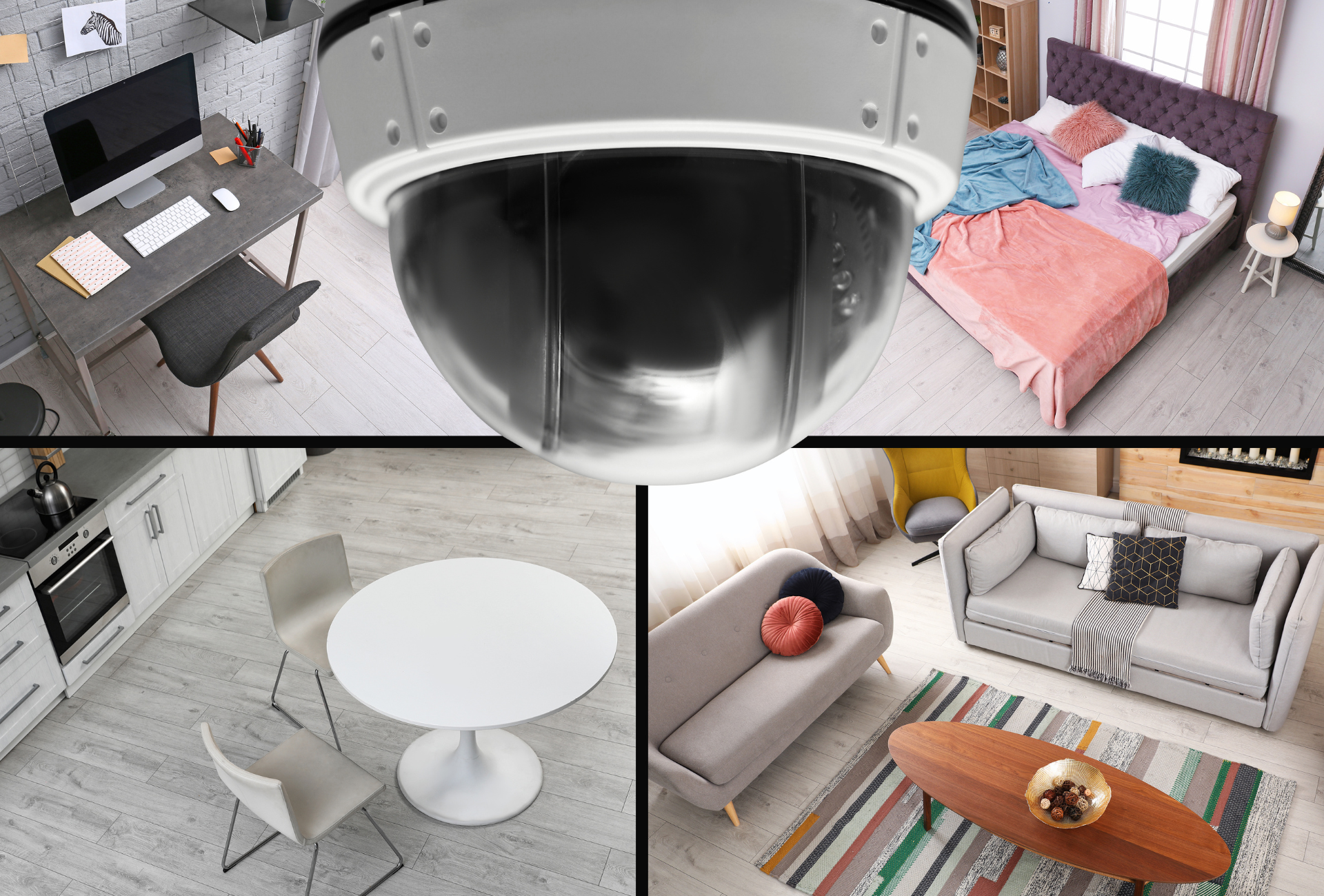 A collage of four pictures of different rooms including a bedroom , living room , and kitchen.